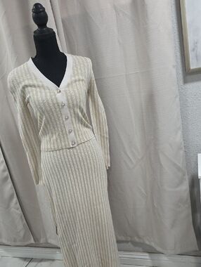 Splendid Cream Ribbed Button-Front Long Sleeve Midi Dress